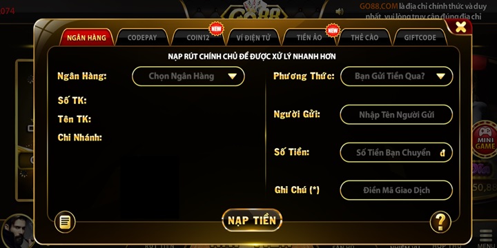 Hướng dẫn nạp tiền nổ hũ Go88 qua 07 cách