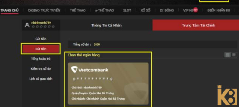 Rút tiền nhanh chóng từ nhà cái tặng tiền K8bet